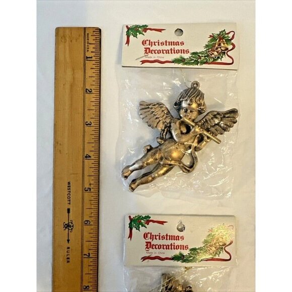 4 Vintage Christmas Ornaments Gold Cherubs Angels 4” Playing Musical Instruments - Picture 6 of 6